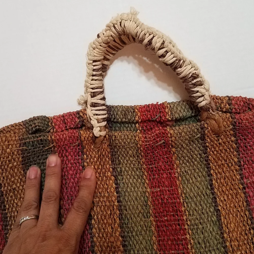 Large Woven Boho Earth Tone Striped Jute Tote